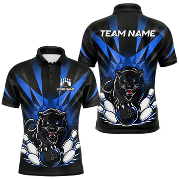 Maxcorners Custom Black And Blue Leopard Bowling Jerseys, Leopard Bowling Team Men Polo & 1/4 Quarter-Zip Shirts