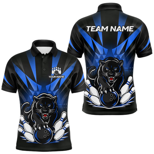Maxcorners Custom Black And Blue Leopard Bowling Jerseys, Leopard Bowling Team Men Polo & 1/4 Quarter-Zip Shirts