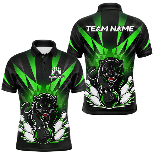 Maxcorners Custom Black And Green Leopard Bowling Jerseys, Leopard Bowling Team Men Polo & 1/4 Quarter-Zip Shirts