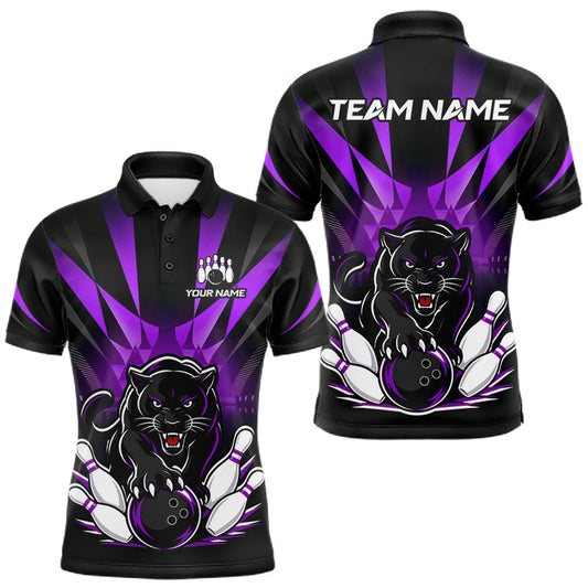 Maxcorners Custom Black And Purple Leopard Bowling Jerseys, Leopard Bowling Team Men Polo & 1/4 Quarter-Zip Shirts