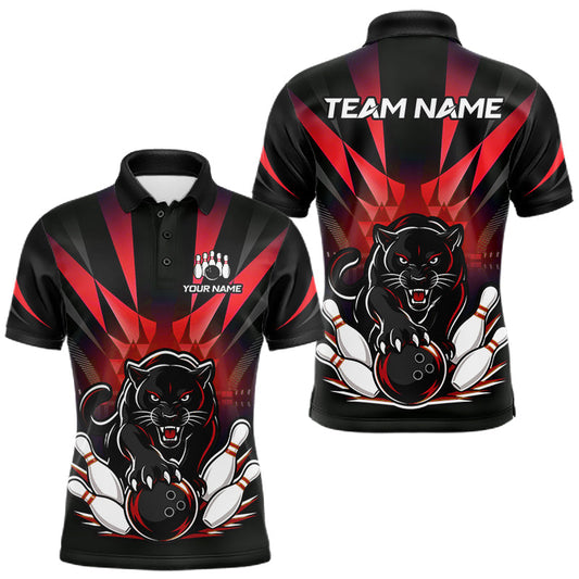 Maxcorners Custom Black And Red Leopard Bowling Jerseys, Leopard Bowling Team Men Polo & 1/4 Quarter-Zip Shirts