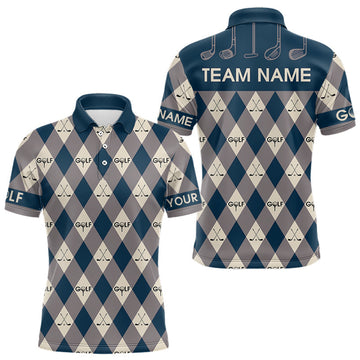 Maxcorners Blue Argyle Plaid Pattern Mens Golf Polo Shirts Custom Golf Attire For Men, Team Golf Shirt LM1904