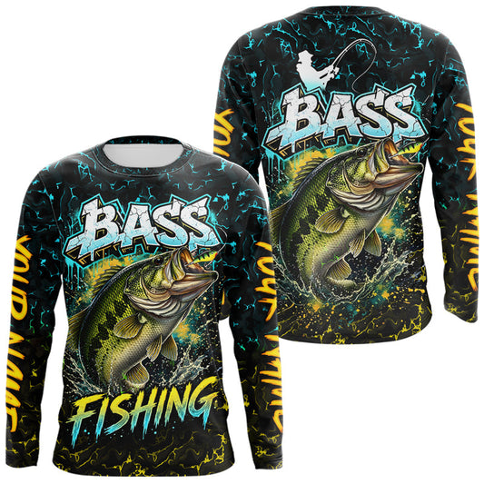 Maxcorners Personalized Neon Color Bass Long Sleeve Fishing Shirts, Largemouth Bass Fishing Jerseys For Men LM2704