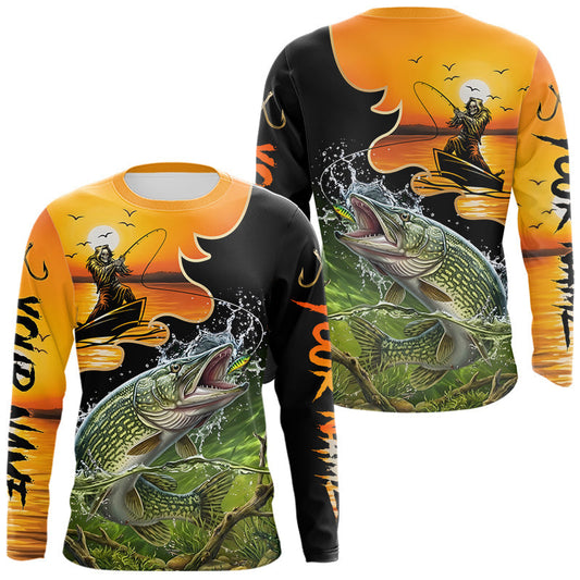 Maxcorners Personalized Fish Reaper Sunset Design Northern Pike Fishing Shirts Long Sleeve LM2704