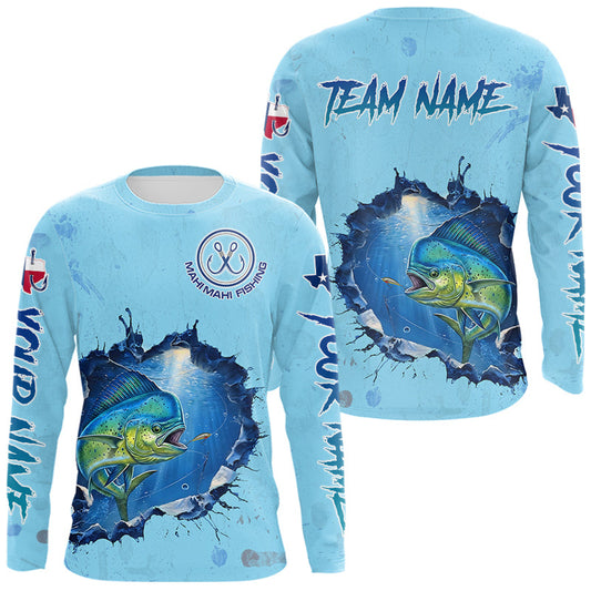 Maxcorners Custom Mahi Mahi Fishing Long Sleeve Tournament Shirts, Mahi Mahi Saltwater Fishing Apparel | Blue LM2704