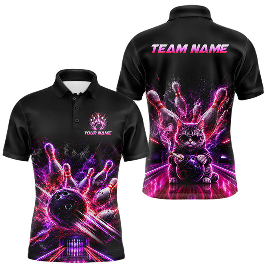 Maxcorners Custom Funny Cat Bowling Shirt For Men Neon Pink Bowling Jersey Polo & Quarter-Zip Bowling Outfit