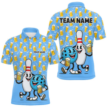 Maxcorners Funny Blue Beer Pattern Bowling Polo & 1/4 Quarter Zip Shirt Custom Bowling League Team Shirts