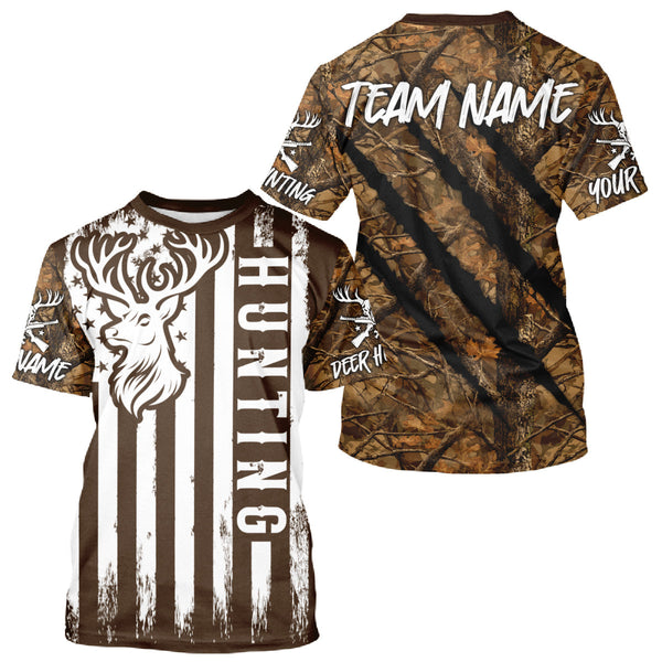 Maxcorners Personalized Brown Camo Deer Hunting Shirt with US Flag & Deer Buck, Hunter Gifts LM2608