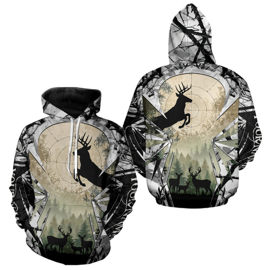 Maxcorners Grey Camo Deer Hunting Hoodie, Buck with Scope Silhouette, Whitetail Season LM0409