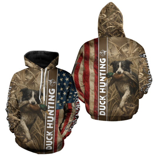 Maxcorners Border Collies Duck Hunting Waterfowl Camo US Flag Shirts, Custom Name Shirts, Hunting Gifts LM0409