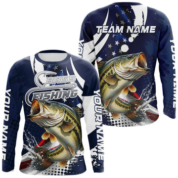 Maxcorners Bass Fishing American Flag Custom Long Sleeve Tournament Fishing Shirts, Patriotic Bass Fishing Jerseys LM1005