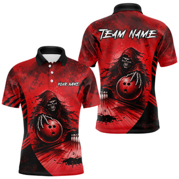 Maxcorners Custom Red Camo Skeleton Grim Reaper Bowling Men Quarter-Zip Shirt, Halloween Bowling Jersey LM1307
