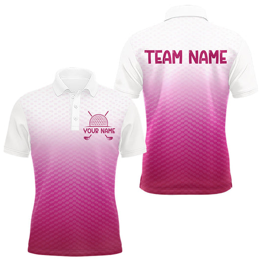 Maxcorners Pink White Mens Polo Golf Shirts Custom Name Golf Shirt For Men, Golf Team Clothes