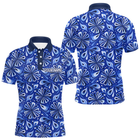 Maxcorners Mens Golf Polo Shirts Custom Name Blue Geometric Floral Pattern, Team Golf Shirt