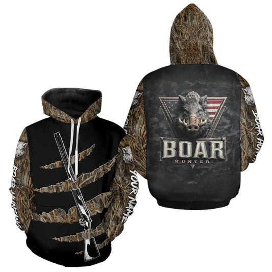 Maxcorners Beautiful Wild Boar Hunting 3D Print Camouflage Shirts with Rifle, Boar Hunting Clothes LM2509