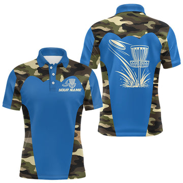 Maxcorners Mens Disc Golf Polo Shirt Custom Name Camo Disc Golf Basket, Personalized Disc Golf Shirts | Blue LM1904