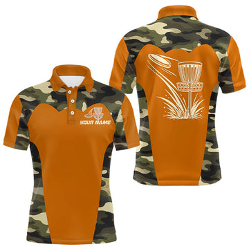 Maxcorners Mens Disc Golf Polo Shirt Custom Name Camo Disc Golf Basket, Personalized Disc Golf Shirts | Orange LM1904