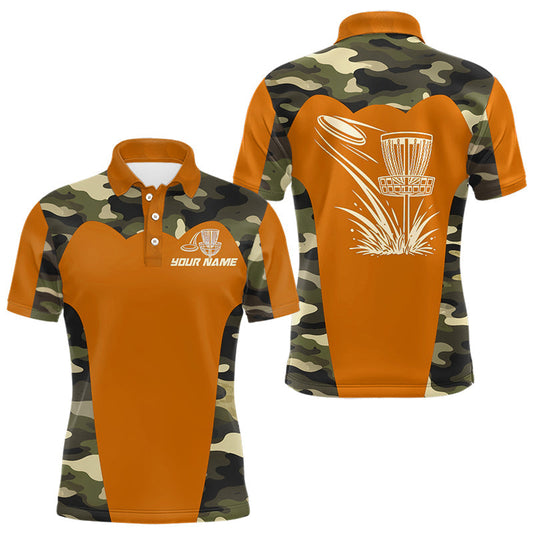 Maxcorners Mens Disc Golf Polo Shirt Custom Name Camo Disc Golf Basket, Personalized Disc Golf Shirts | Orange LM1904