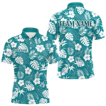 Maxcorners Teal Tropical Haiwaiian Pattern Mens Golf Polo Shirts Custom Team Golf Shirt For Mens LM2405
