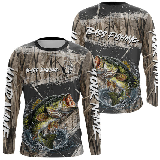Maxcorners Largemouth Bass Grass Camo Custom Name Fishing Shirt, Bass Fishing Shirts For Men LM0201