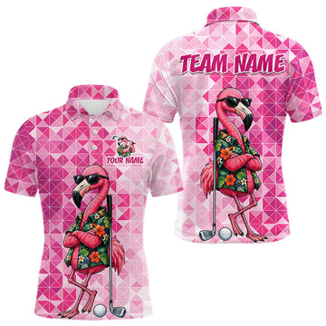 Maxcorners Funny Pink Flamingo Golf Polo Shirt Mens Custom Name Team Golf Shirts, Golf Gifts