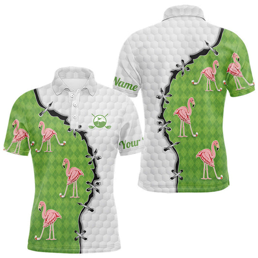 Maxcorners Funny Mens Golf Polo Shirt Green Argyle Flamingo Pattern Custom Name White Golf Shirt