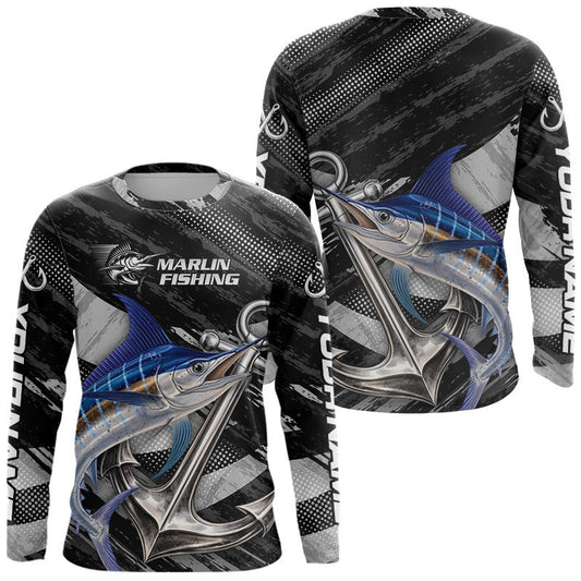 Maxcorners Personalized Marlin Fishing Long Sleeve Anchor Vector Custom Name Black Camo, Saltwater Fishing Shirts LM1203