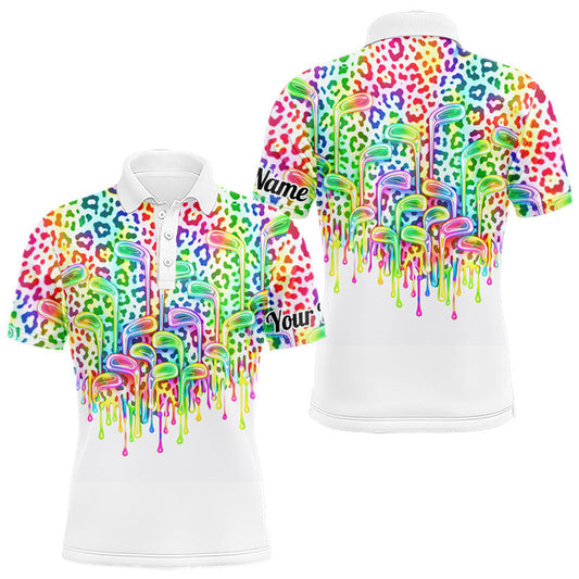 Maxcorners Mens Golf Polo Shirts Colorful Neon Watercolor Leopard Custom Name White Golf Shirts