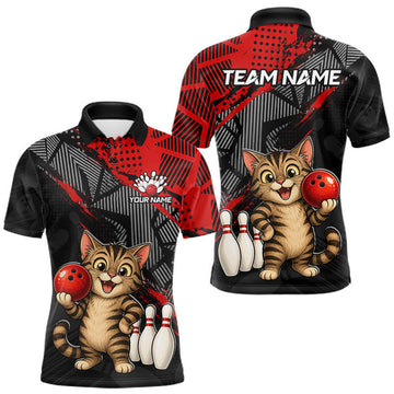 Maxcorners Custom Red Funny Cat Bowling Shirt For Men Bowling Jersey Polo & Quarter-Zip Bowling Outfit LM2607