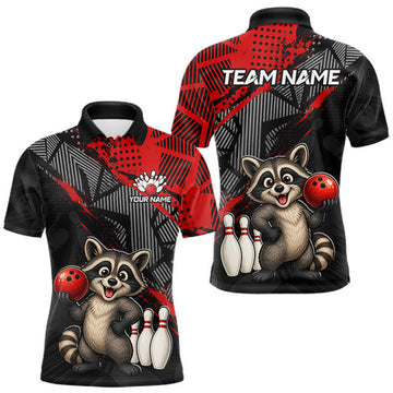 Maxcorners Custom Red Funny Raccoon Bowling Shirt For Men Bowling Jersey Polo & Quarter-Zip Bowling Outfit LM2607