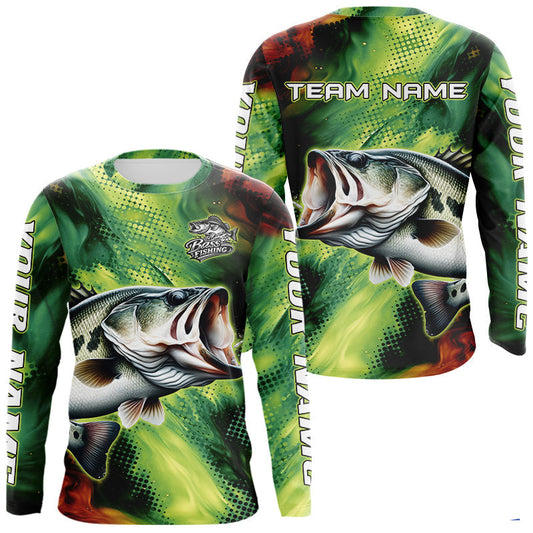 Maxcorners Custom Green Camo Bass Long Sleeve Fishing Shirts, Bass Fishing Shirts For Men LM0503