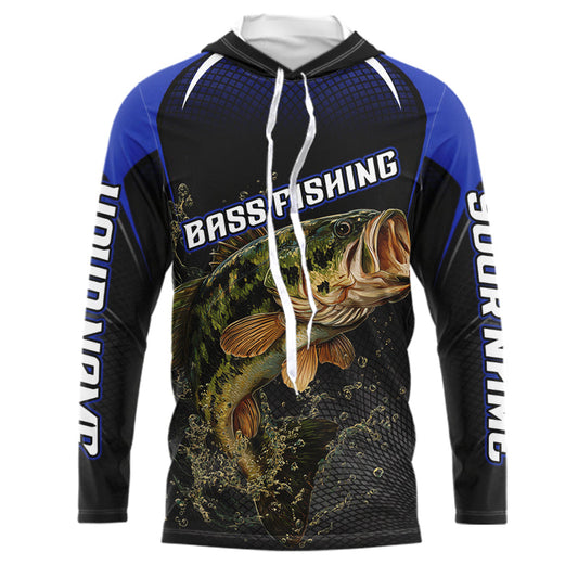 Maxcorners Largemouth Bass Fishing Hood UV Protection Blue Custom Name Shirts, Bass Fishing Team Jerseys LM1501