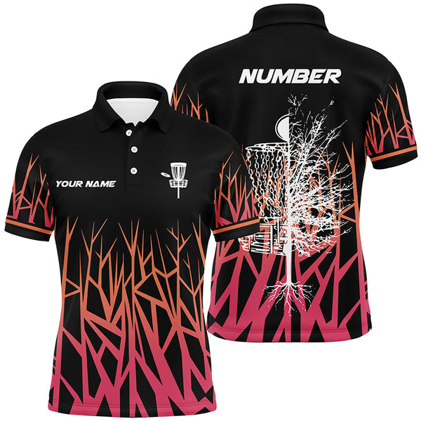 Maxcorners Personalized Disc Golf Basket Tree Pink Gradient Mens Polo Shirt Disc Golf Shirts For Men MT0510