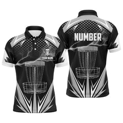 Maxcorners Black & White Thunder Disc Golf Polo Shirts, Custom Lightning Disc Golf Shirts For Men MT0510