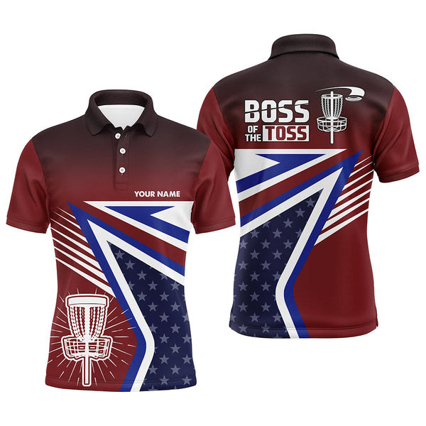 Maxcorners Boss Of The Toss American Flag Disc Golf Polos Custom Name Patriotic Golf Shirts For Men MT0510
