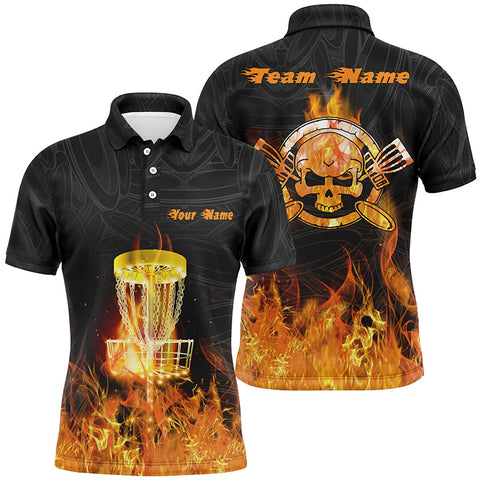 Maxcorners Fire Flame Disc Golf Mens Polo Shirt Custom Orange Skull Disc Golf Shirts For Men Golf Gifts MT0510