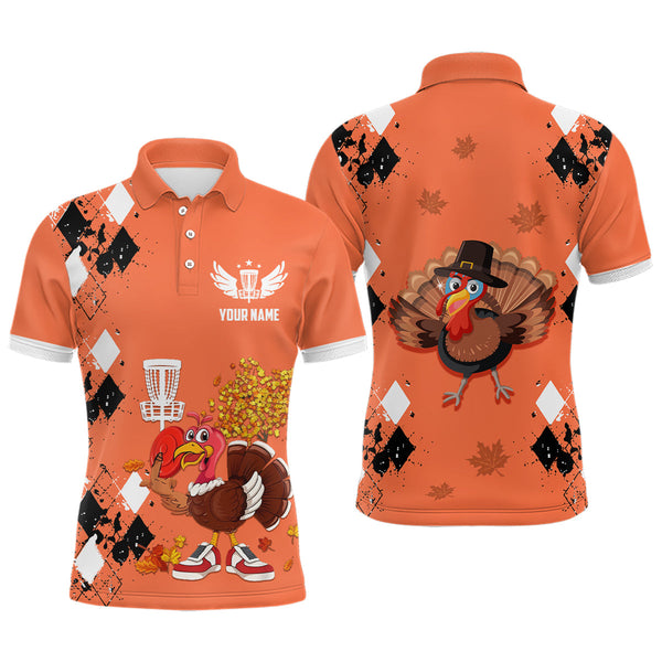 Maxcorners Turkey Bird Thanksgiving Disc Golf Mens Polo Shirt Argyle Orange Custom Disc Golf Shirts For Men MT0510