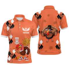 Maxcorners Turkey Bird Thanksgiving Disc Golf Mens Polo Shirt Argyle Orange Custom Disc Golf Shirts For Men MT0510