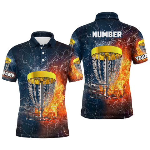 Maxcorners Fire And Water Mens Disc Golf Polo Shirt, Lightning Disc Golf Shirts For Men, Disc Golf Gifts MT0510
