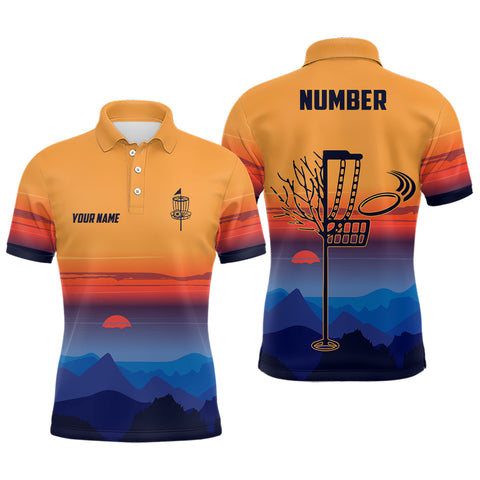 Maxcorners Mountain Colorful Sunset Landscape Mens Disc Golf Polos Custom Disc Golf Shirt For Men MT0510