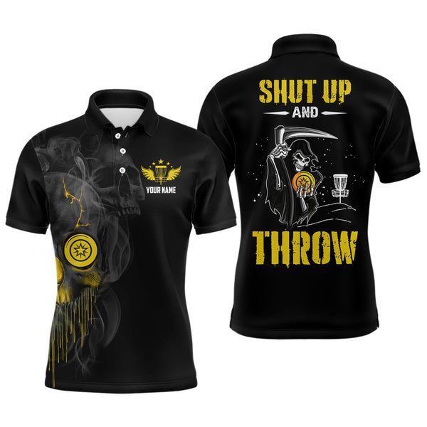 Maxcorners Custom Shut Up And Throw Smoky Skull Yellow Mens Disc Golf Polo Shirts Scary Golf Gifts For Men MT0510