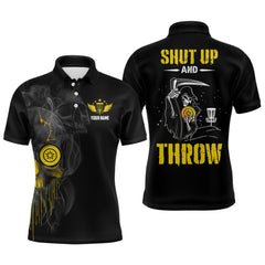 Maxcorners Custom Shut Up And Throw Smoky Skull Yellow Mens Disc Golf Polo Shirts Scary Golf Gifts For Men MT0510