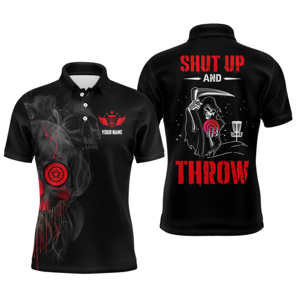 Maxcorners Custom Shut Up And Throw Smoky Skull Red Mens Disc Golf Polo Shirts Scary Golf Gifts For Men MT0510