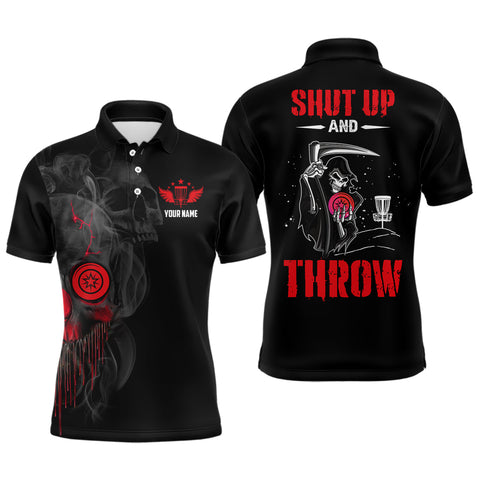 Maxcorners Custom Shut Up And Throw Smoky Skull Red Mens Disc Golf Polo Shirts Scary Golf Gifts For Men MT0510