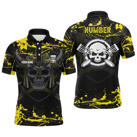 Maxcorners Mens Skull Disc Golf Polo Shirt Custom Yellow Golf Shirt With Skull Disc Golf Tops For Men Golf Gifts MT0510
