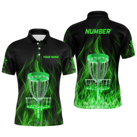 Maxcorners Green Fire Flame Disc Golf Basket Mens Polo Shirts Custom Disc Golf Shirts For Men Golf Gifts MT0510
