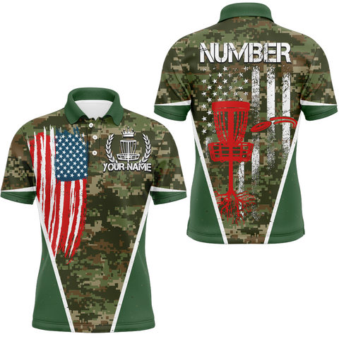 Maxcorners Green Camouflage Vintage Usa Flag Mens Disc Golf Polo Shirt Patriotic Disc Golf Shirts For Men MT0510