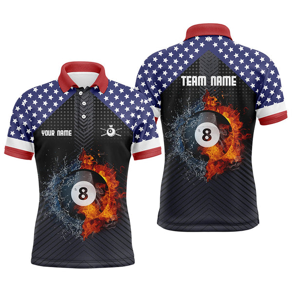 MaxCorners Fire And Water 8 Ball Us Flag Customized Name 3D And Team Name Billiards Polo Shirt For Men