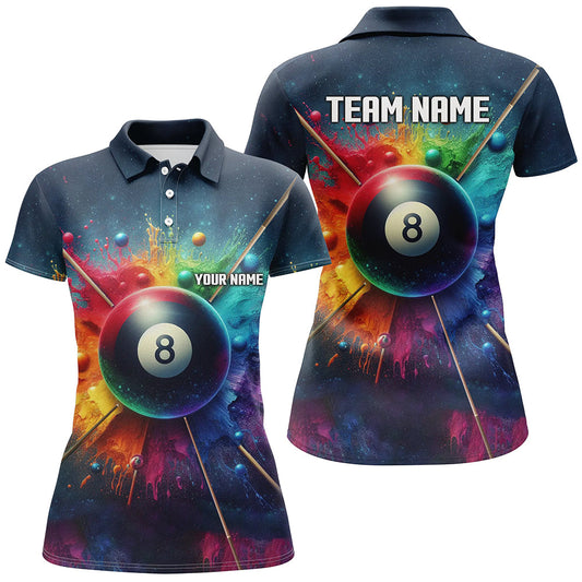 Maxcorners Personalized Colorful Painted 8 Ball Billiard 3D Polo Shirts For Women, Custom 8 Ball Pool Jerseys