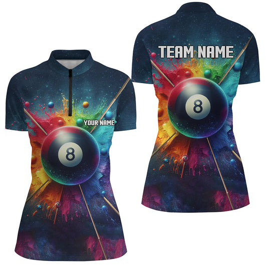 Maxcorners Personalized Colorful Painted 8 Ball Billiard 3D Polo Shirts For Women, Custom 8 Ball Pool Jerseys